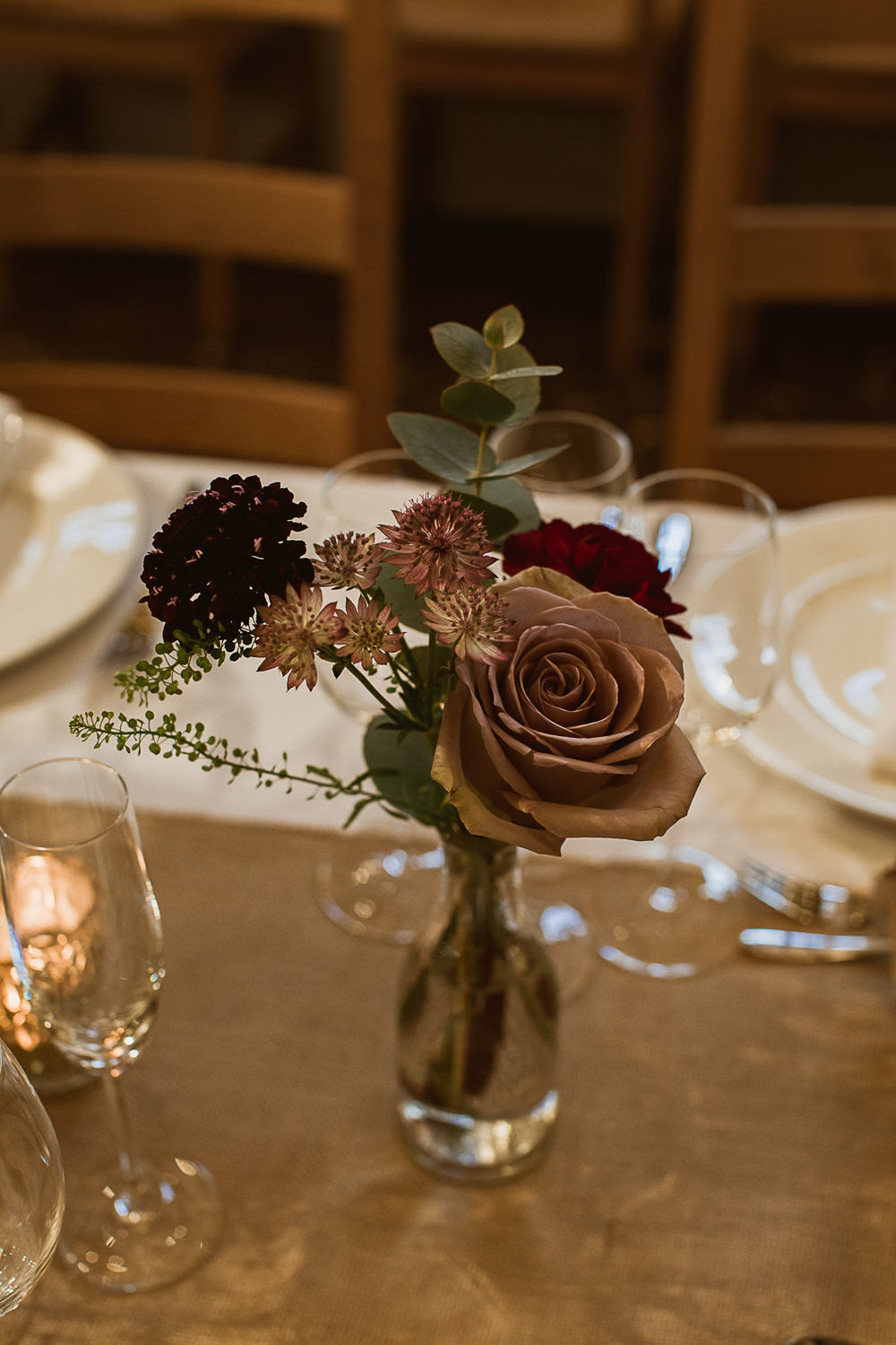 Bottle Jar Flowers Greenery Foliage Red Burgundy Rose Gate Street Barn Wedding The Springles