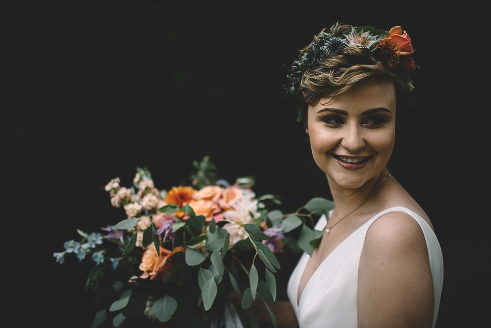 Bouquet Flowers Bride Bridal Coral Peach Rose Dahlia Thistle Greenery Hair Gilbert Whites House Barn Wedding Carrie Lavers Photography