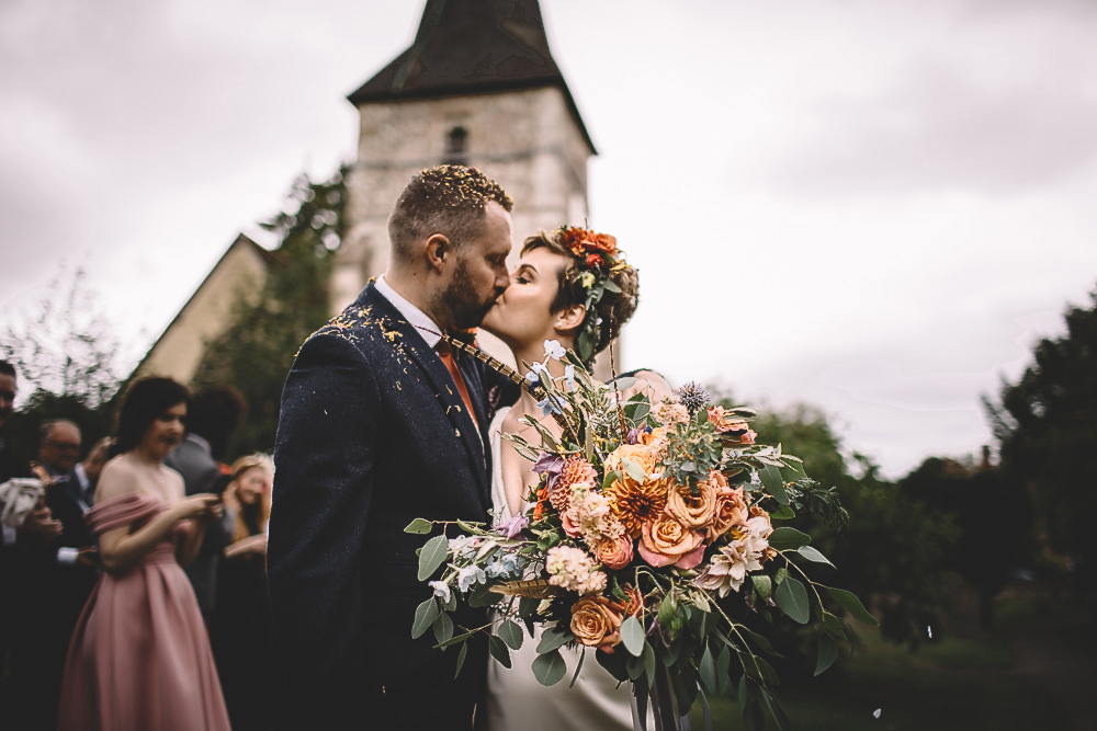 Bouquet Flowers Bride Bridal Coral Peach Rose Dahlia Thistle Greenery Gilbert Whites House Barn Wedding Carrie Lavers Photography