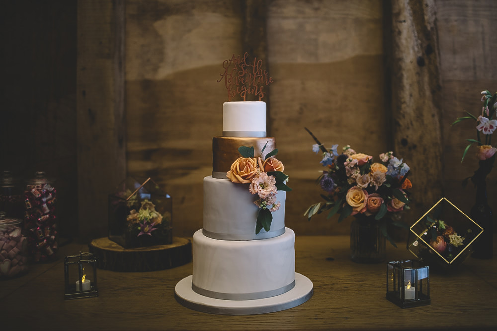Cake Copper Grey White Marble Florals Flowers Gilbert Whites House Barn Wedding Carrie Lavers Photography