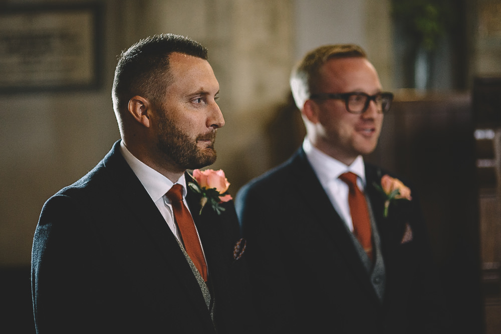 Groom Groomsmen Suit Blue Tweed Burnt Orange Tie Gilbert Whites House Barn Wedding Carrie Lavers Photography