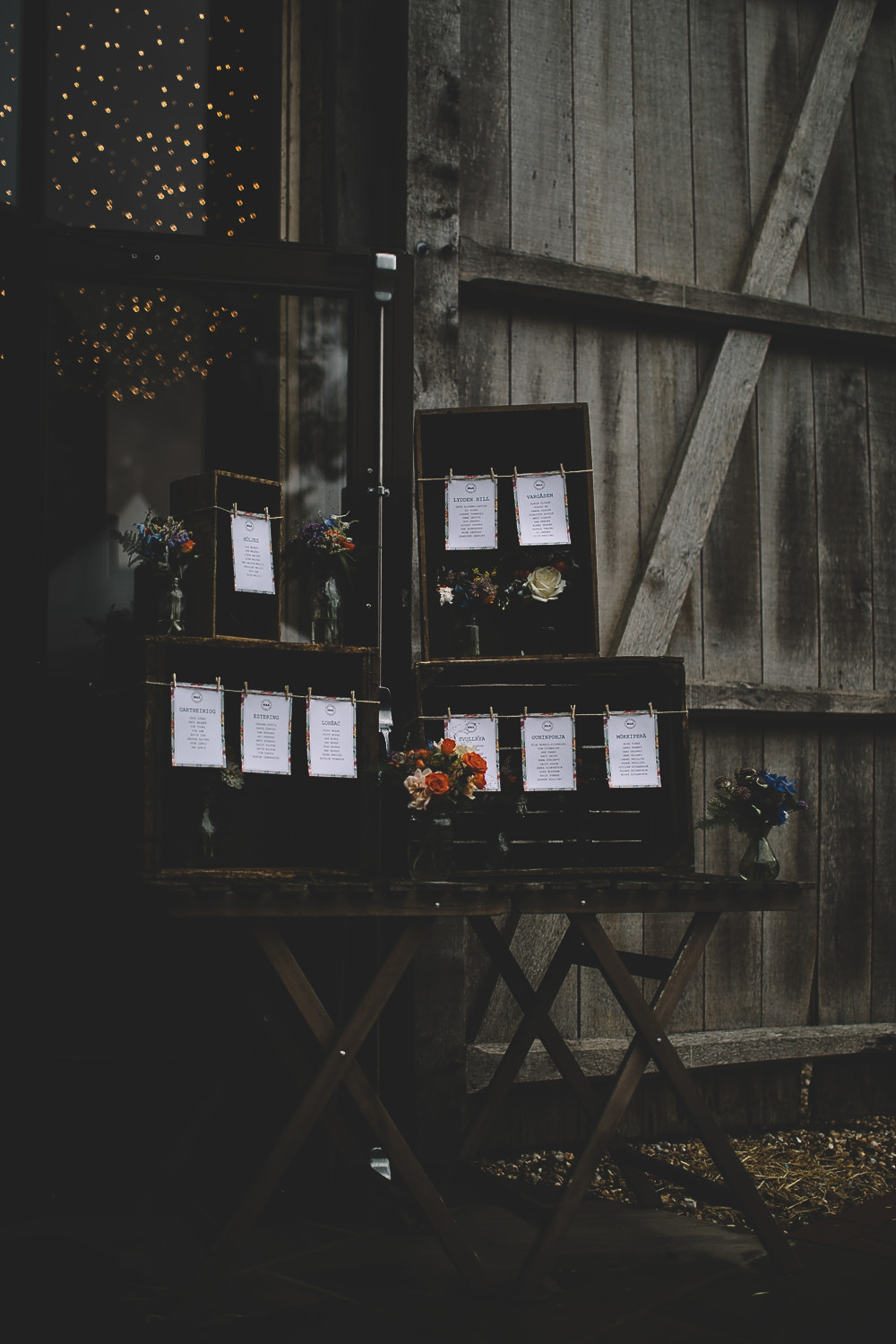 Wooden Crate Seating Plan Table Chart Boxes Twine Flowers Floral Gilbert Whites House Barn Wedding Carrie Lavers Photography