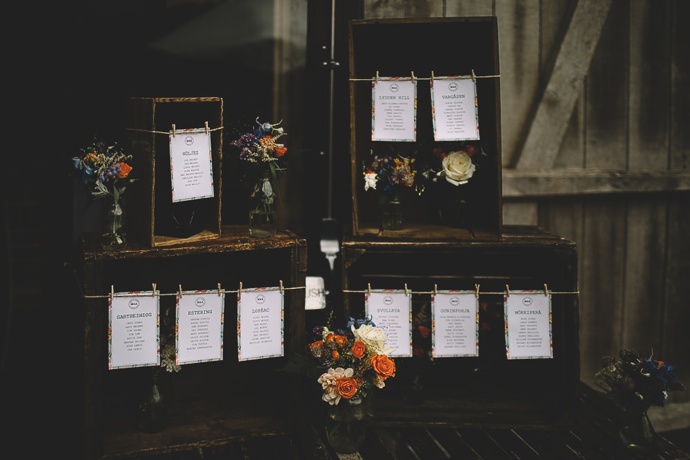 Wooden Crate Seating Plan Table Chart Boxes Twine Flowers Floral Gilbert Whites House Barn Wedding Carrie Lavers Photography