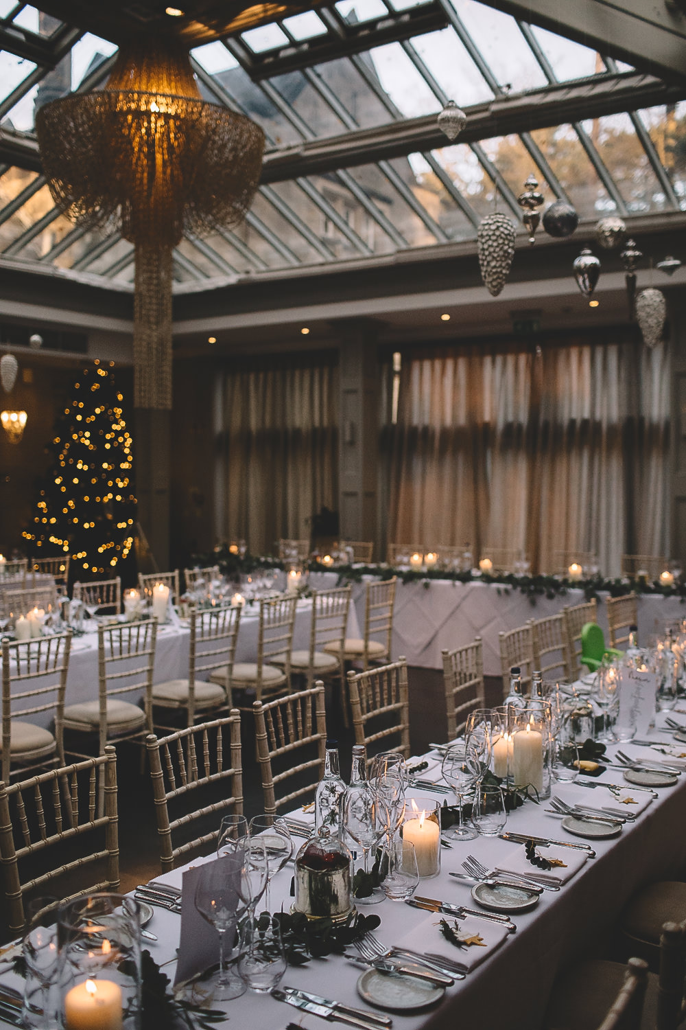 Table Tablescape Decor Greenery Foliage Garland Swag Long Christmas Tree Hampton Manor Wedding Carrie Lavers Photography