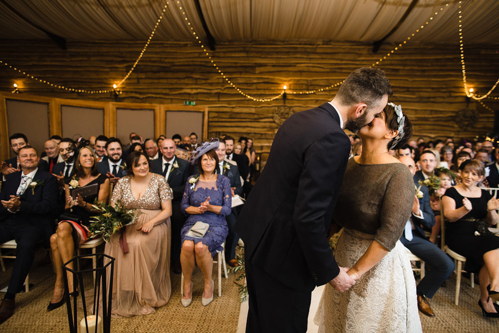 Bride Bridal Tea Length Short Skirt Jumper Leaf Headpiece Navy Suit Groom Hornington Manor Wedding Chris Barber Photography