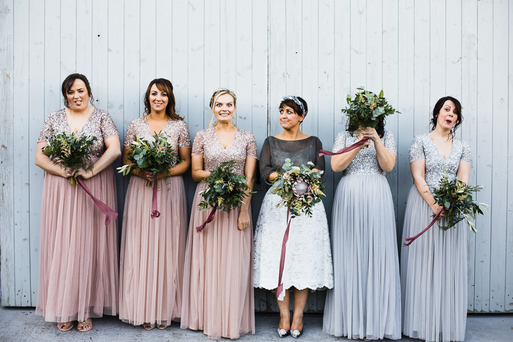 Bride Bridal Tea Length Short Skirt Jumper Leaf Headpiece Pink Grey Sparkly Maxi Bridesmaids Bouquet Hornington Manor Wedding Chris Barber Photography