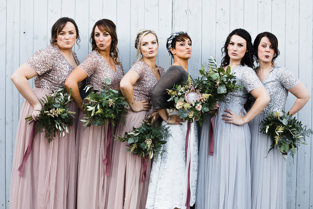 Bride Bridal Tea Length Short Skirt Jumper Leaf Headpiece Pink Grey Sparkly Maxi Bridesmaids Bouquet Hornington Manor Wedding Chris Barber Photography