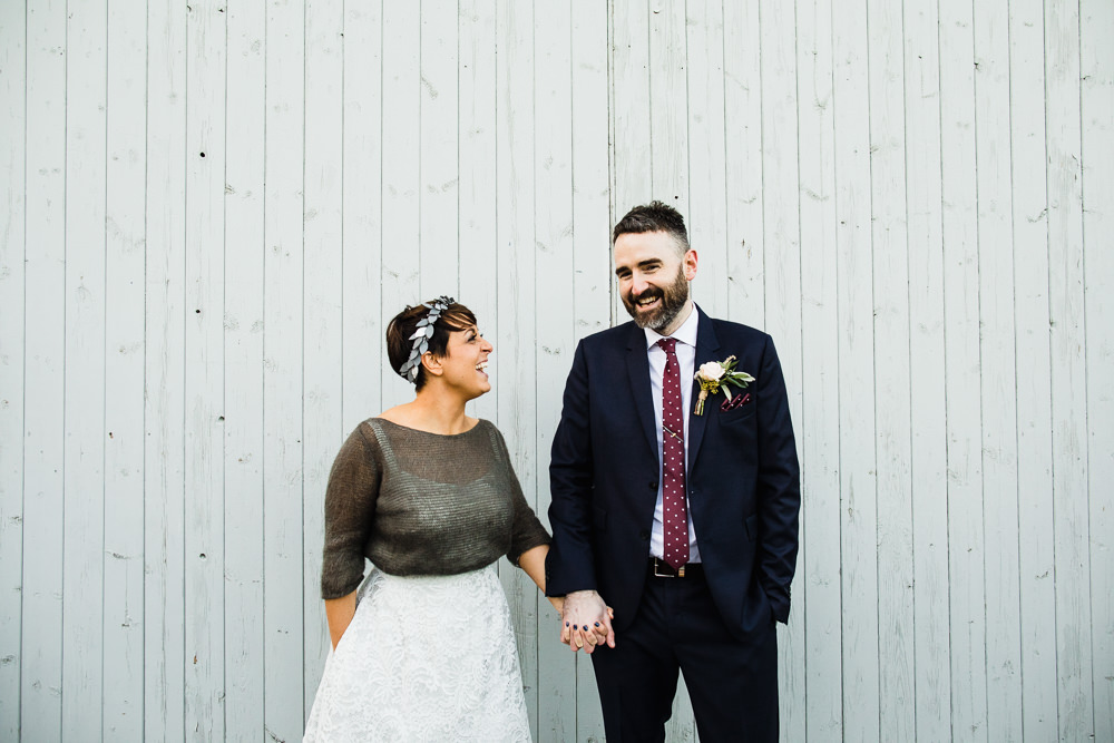 Bride Bridal Tea Length Short Skirt Jumper Leaf Headpiece Navy Suit Groom Hornington Manor Wedding Chris Barber Photography