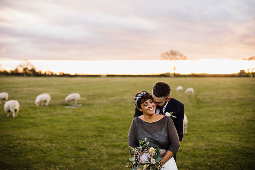 Bride Bridal Tea Length Short Skirt Jumper Leaf Headpiece Navy Suit Groom Bouquet Hornington Manor Wedding Chris Barber Photography