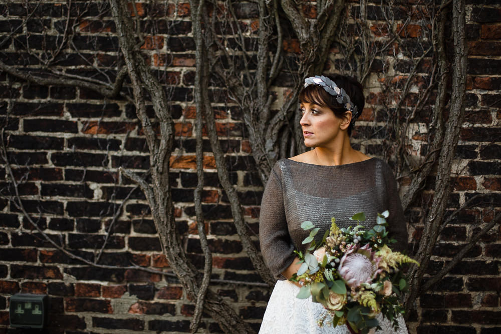 Bride Bridal Tea Length Short Skirt Jumper Leaf Headpiece Bouquet King Protea Hornington Manor Wedding Chris Barber Photography