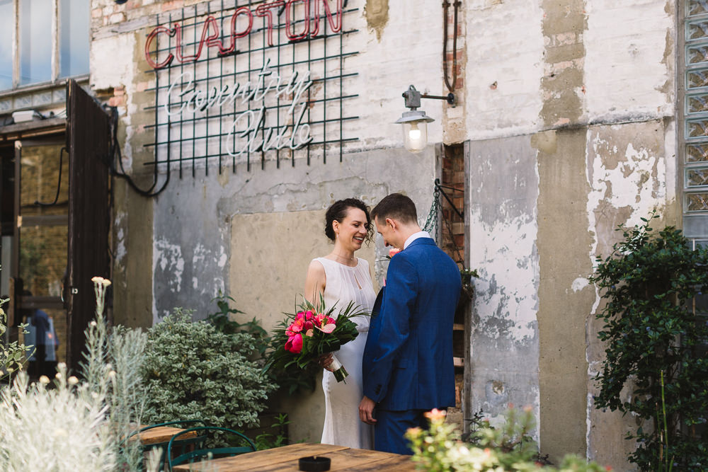Bride Bridal Dress Gown Bias Cut Art Deco Three Piece Blue Suit Groom Tropical Bouquet Clapton Country Club Wedding Kate Jackson Photography
