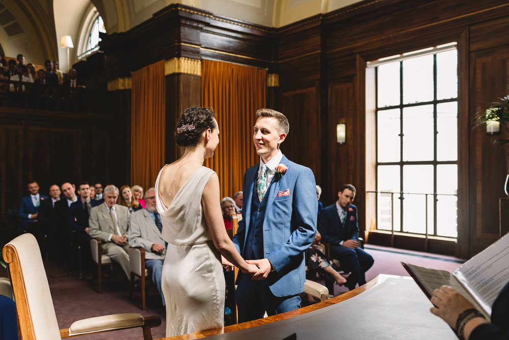 Bride Bridal Dress Gown Bias Cut Art Deco Cowl Back Three Piece Blue Suit Groom Clapton Country Club Wedding Kate Jackson Photography