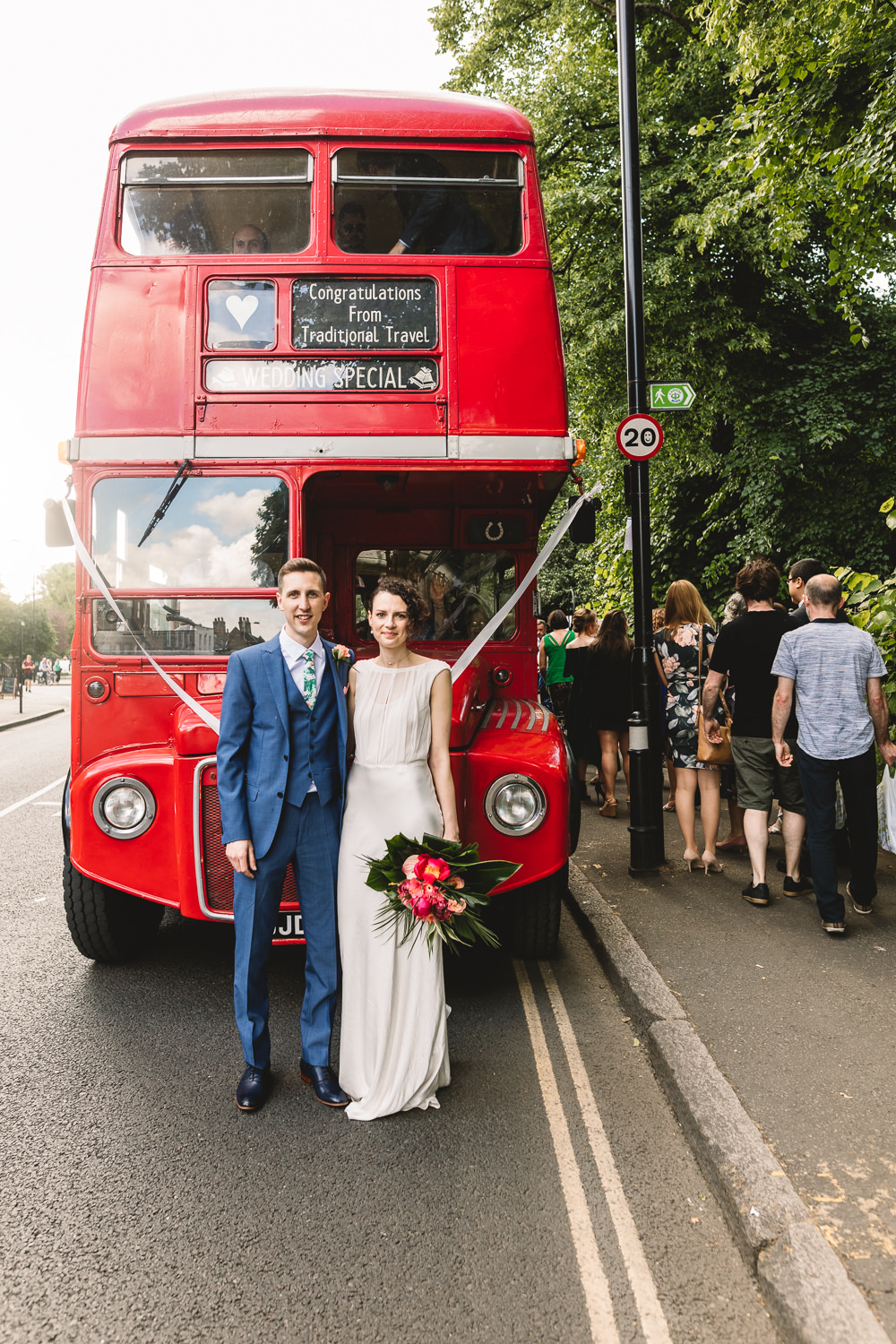 Bride Bridal Dress Gown Bias Cut Art Deco Three Piece Blue Suit Groom Tropical Bouquet Vintage Routemaster Bus Clapton Country Club Wedding Kate Jackson Photography