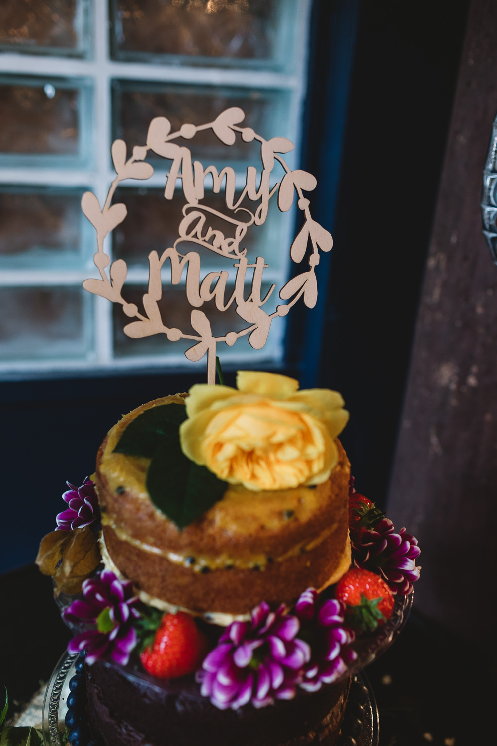 Wooden Laser Cut Cake Topper Naked Wreath Clapton Country Club Wedding Kate Jackson Photography