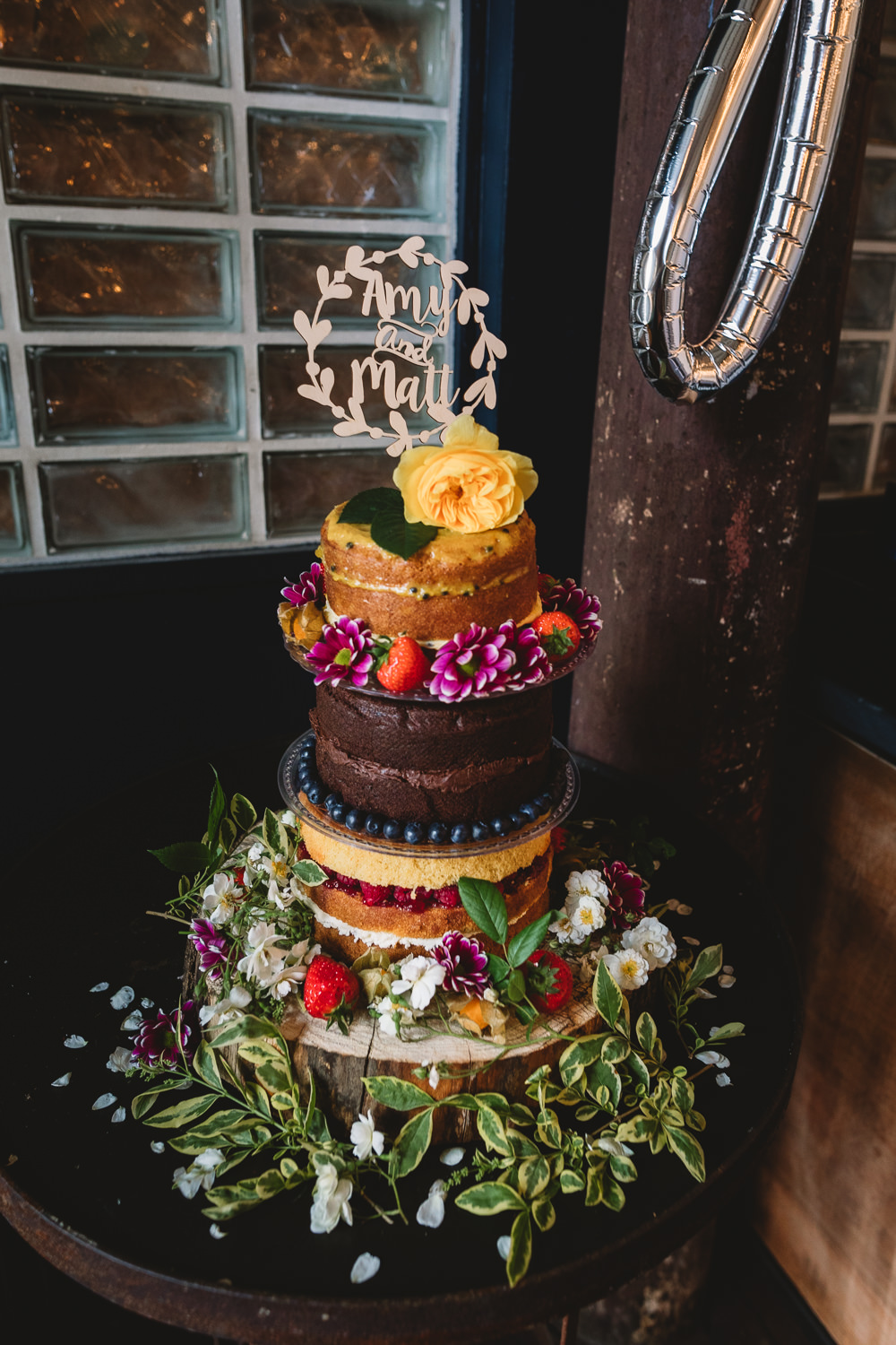 Naked Cake Flowers Fruit Wooden Laser Cut Wreath Topper Clapton Country Club Wedding Kate Jackson Photography