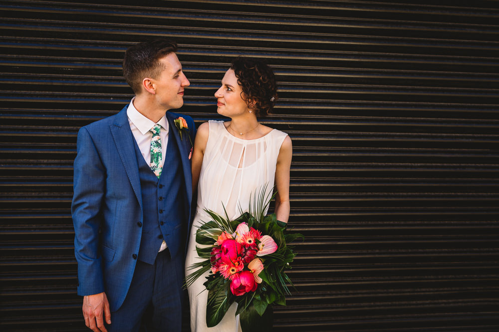 Bride Bridal Dress Gown Bias Cut Art Deco Three Piece Blue Suit Groom Tropical Bouquet Clapton Country Club Wedding Kate Jackson Photography