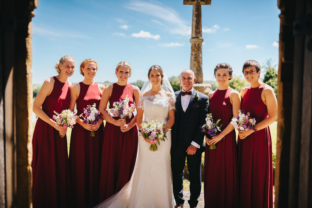 Bride Bridal Dress Gown Sweetheart Bolero Off Shoulder Lace Navy Suit Groom Oxblood Bridesmaids Maxi Full Length Kittisford Barton Wedding Joab Smith Photography