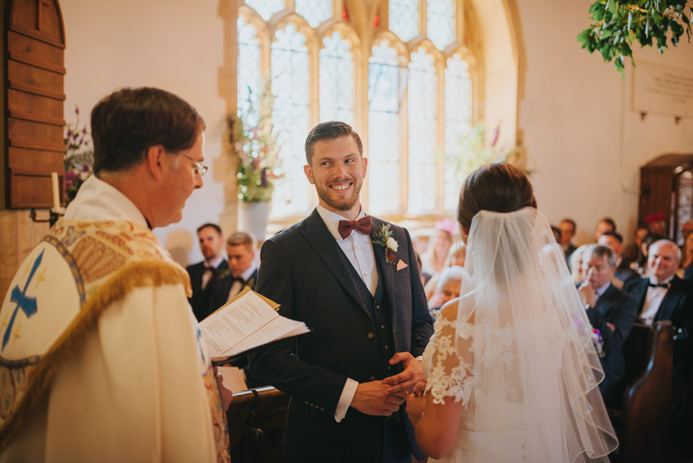 Navy Suit Groom Burgundy Oxblood Bow Tie Veil Bride Bridal Kittisford Barton Wedding Joab Smith Photography