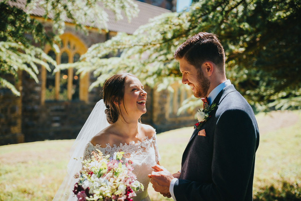 Bride Bridal Dress Gown Sweetheart Bolero Off Shoulder Lace Navy Suit Groom Burgundy Oxblood Bow Tie Bouquet Kittisford Barton Wedding Joab Smith Photography