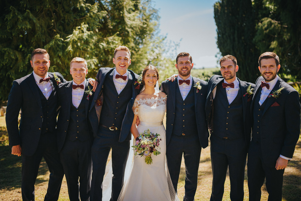 Bride Bridal Dress Gown Sweetheart Bolero Off Shoulder Lace Navy Suit Groom Burgundy Oxblood Bow Tie Groomsmen Kittisford Barton Wedding Joab Smith Photography
