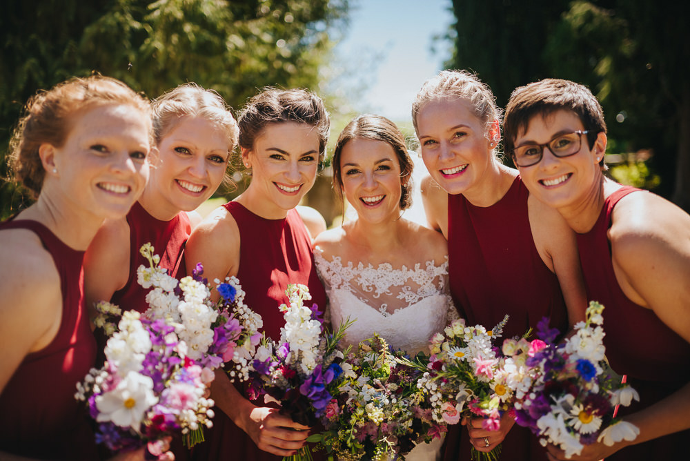 Bride Bridal Dress Gown Sweetheart Bolero Off Shoulder Lace Burgundy Oxblood Bridesmaids Halter Neck Kittisford Barton Wedding Joab Smith Photography