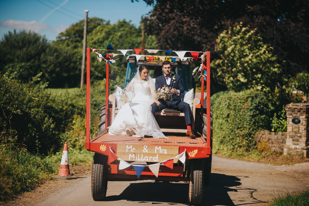 Bride Bridal Dress Gown Sweetheart Bolero Off Shoulder Lace Navy Suit Groom Burgundy Oxblood Bow Tie Bunting Tractor Trailer Kittisford Barton Wedding Joab Smith Photography