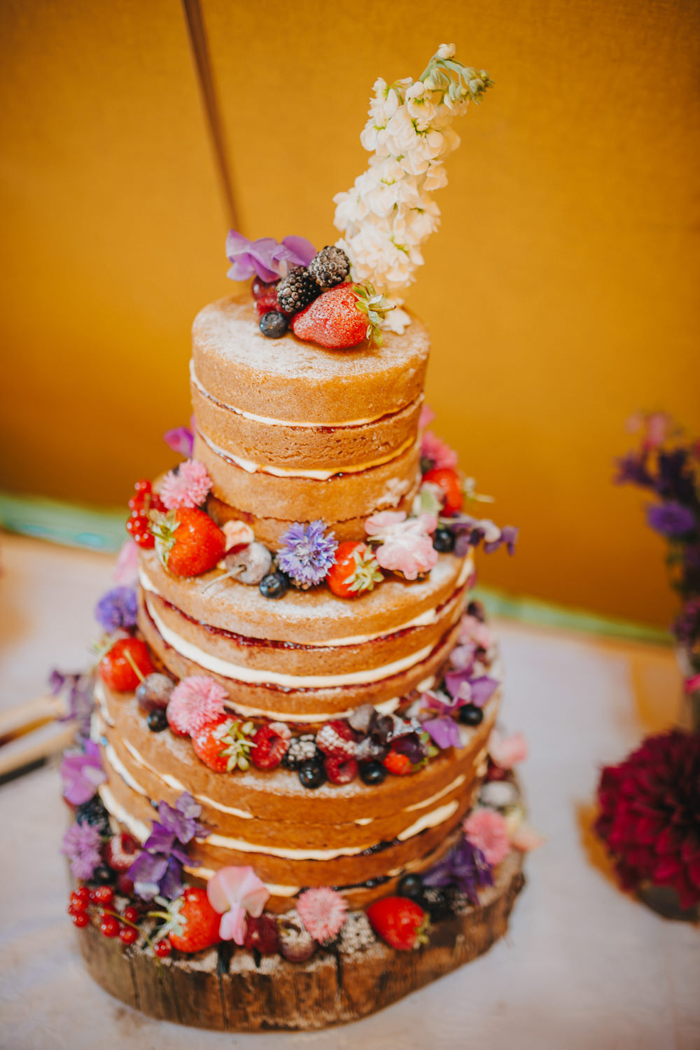 Naked Cake Fruit Flowers Wood Slice Kittisford Barton Wedding Joab Smith Photography