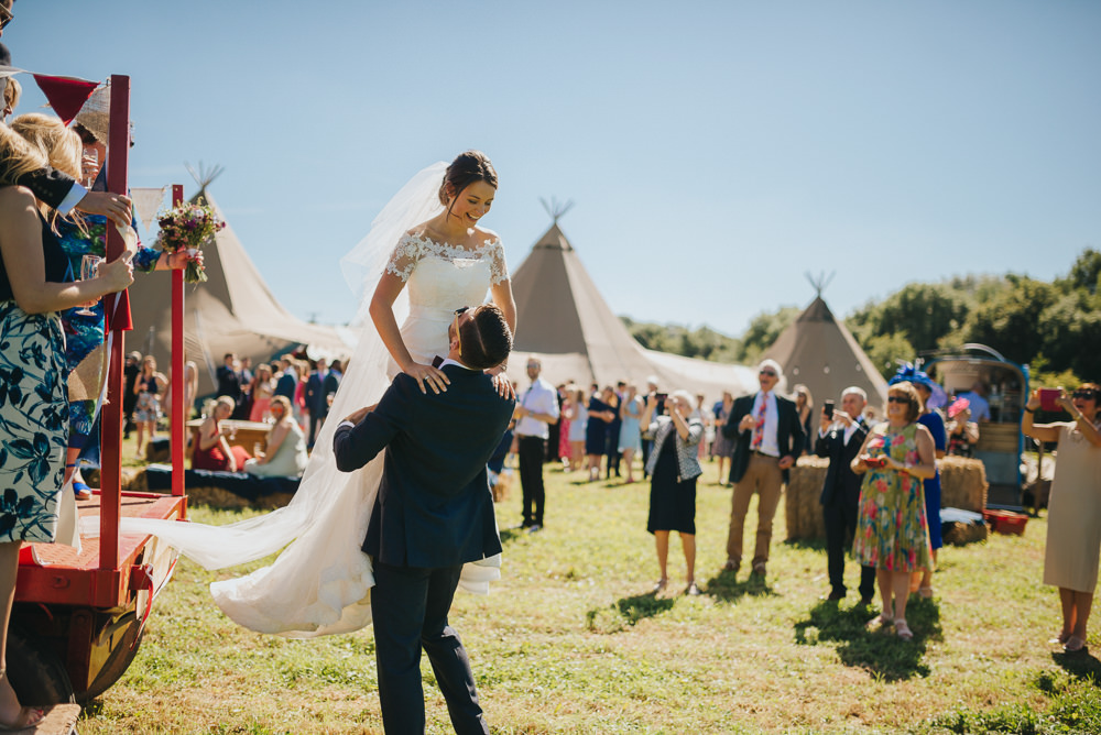 Bride Bridal Dress Gown Sweetheart Bolero Off Shoulder Lace Navy Suit Groom Burgundy Oxblood Bow Tie Kittisford Barton Wedding Joab Smith Photography