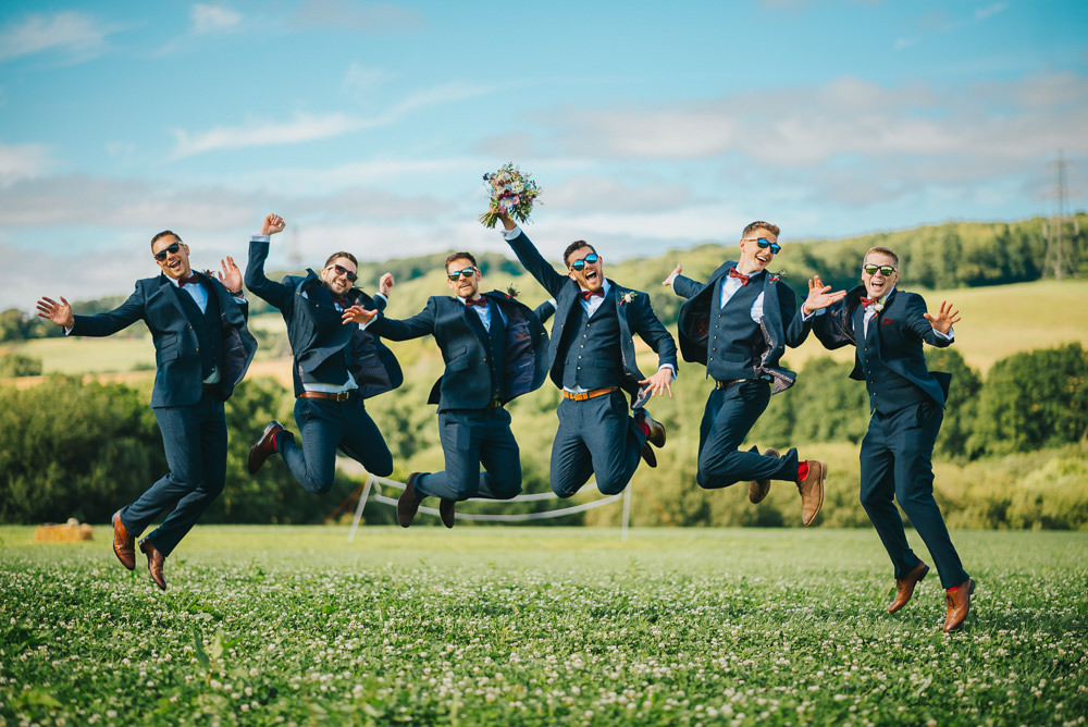 Groomsmen Navy Suit Groom Burgundy Oxblood Bow Tie Kittisford Barton Wedding Joab Smith Photography