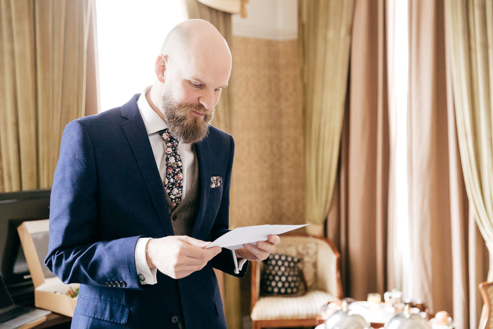 Three Piece Suit Groom Navy Tweed Waistcoat Left Bank Leeds Wedding Amber Marie Photography