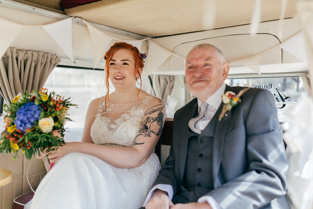 Bride Bridal Sweetheart Neckline Overlay Lace Bouquet VW Campervan Left Bank Leeds Wedding Amber Marie Photography