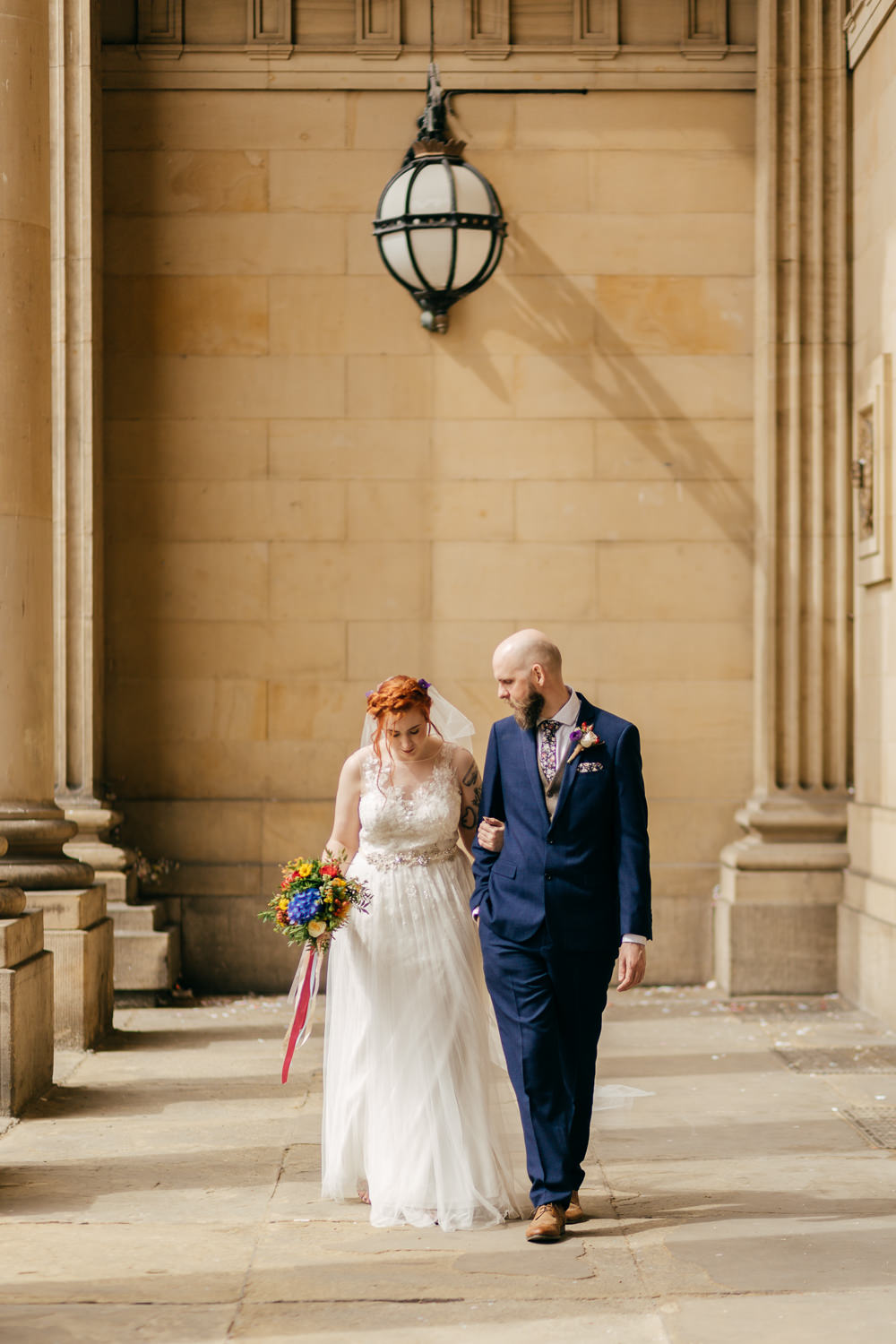 Bride Bridal Sweetheart Overlay Dress Navy Suit Groom Tweed Waistcoat Multicolour Flowers Bouquet Ribbon Left Bank Leeds Wedding Amber Marie Photography