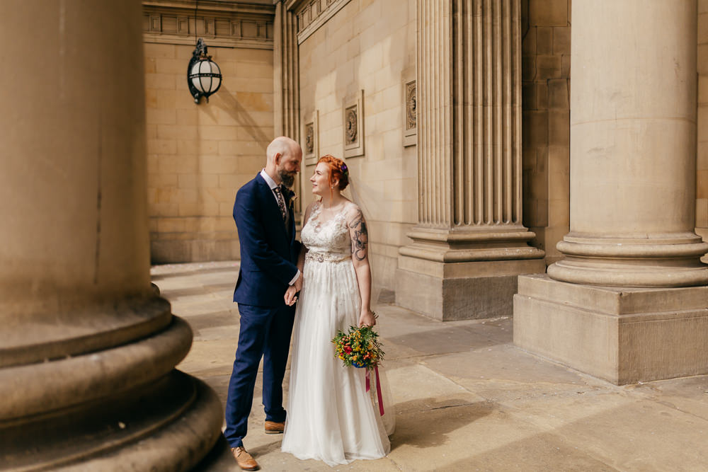 Bride Bridal Sweetheart Overlay Dress Navy Suit Groom Tweed Waistcoat Multicoloured Bouquet Veil Left Bank Leeds Wedding Amber Marie Photography