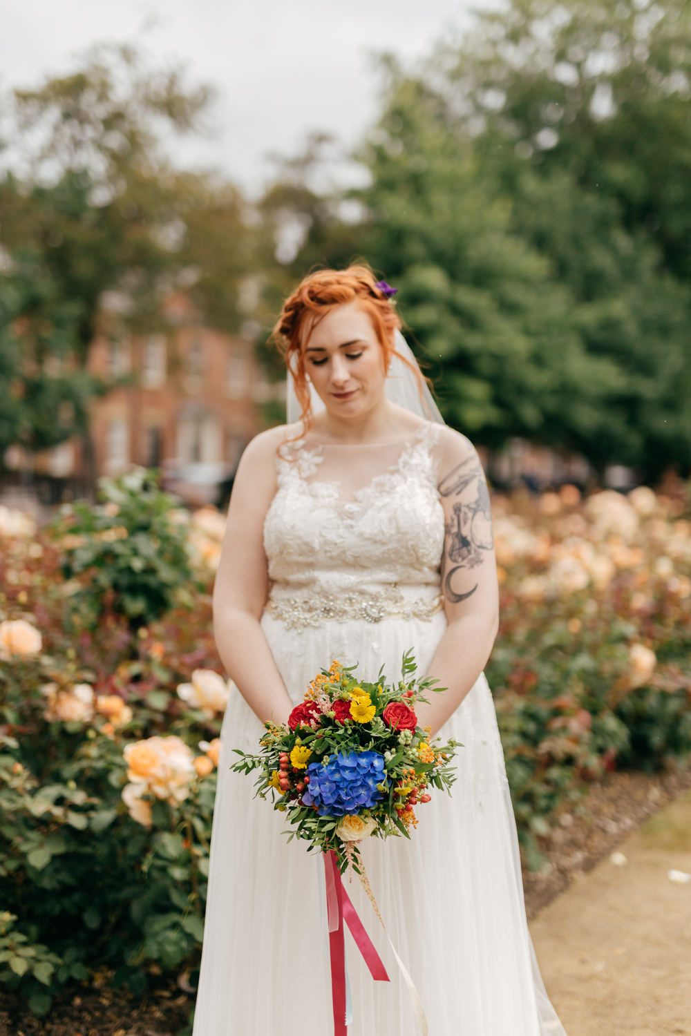 Bride Bridal Sweetheart Overlay Dress Multicoloured Bouquet Left Bank Leeds Wedding Amber Marie Photography