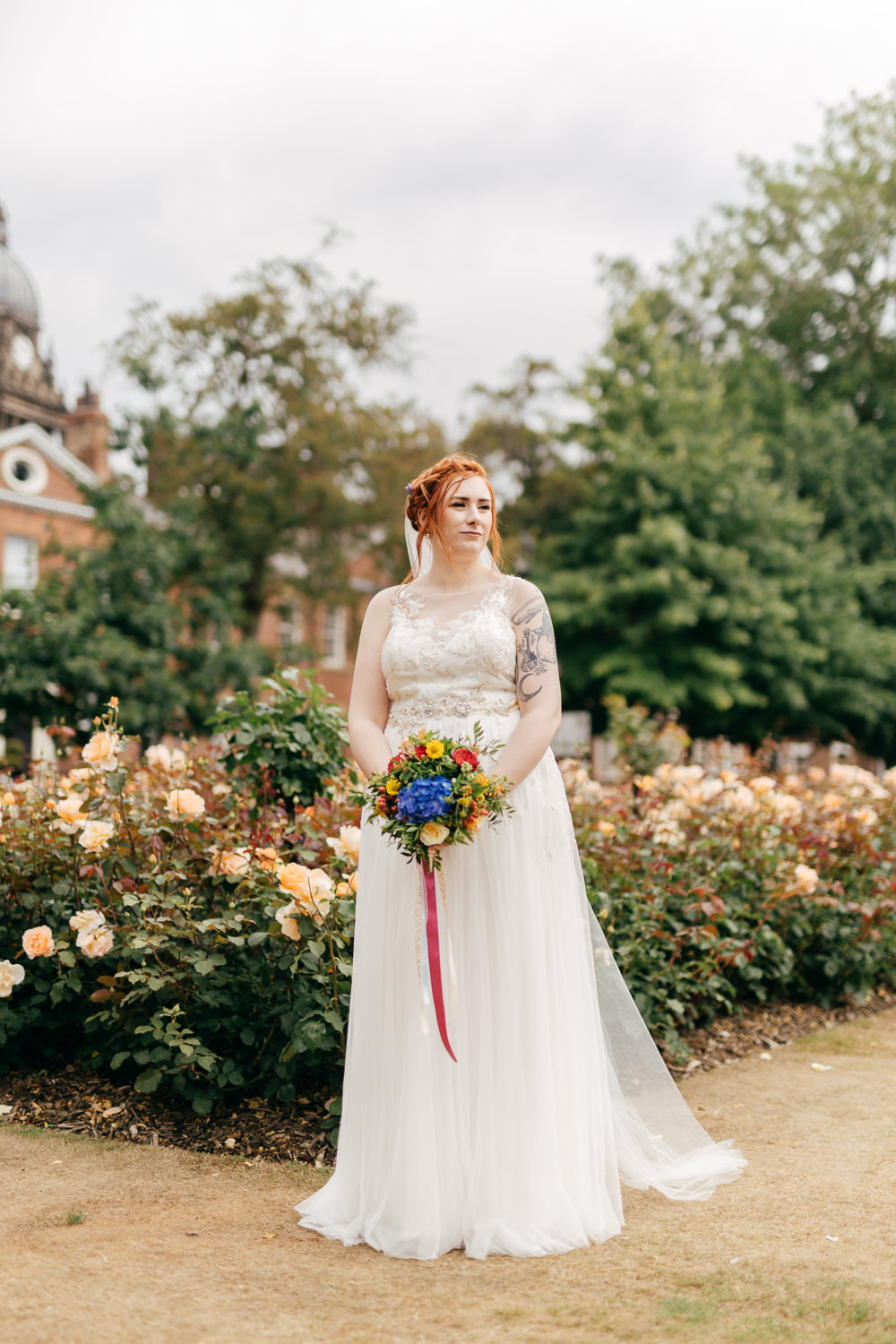 Bride Bridal Sweetheart Overlay Dress Multicoloured Bouquet Ribbon Left Bank Leeds Wedding Amber Marie Photography