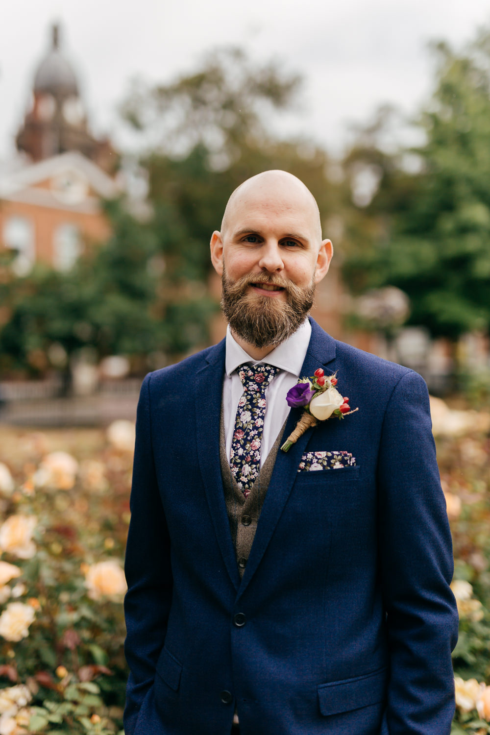 Navy Suit Groom Tweed Waistcoat Floral Tie Pocket Square Rustic Twine Buttonhole Left Bank Leeds Wedding Amber Marie Photography