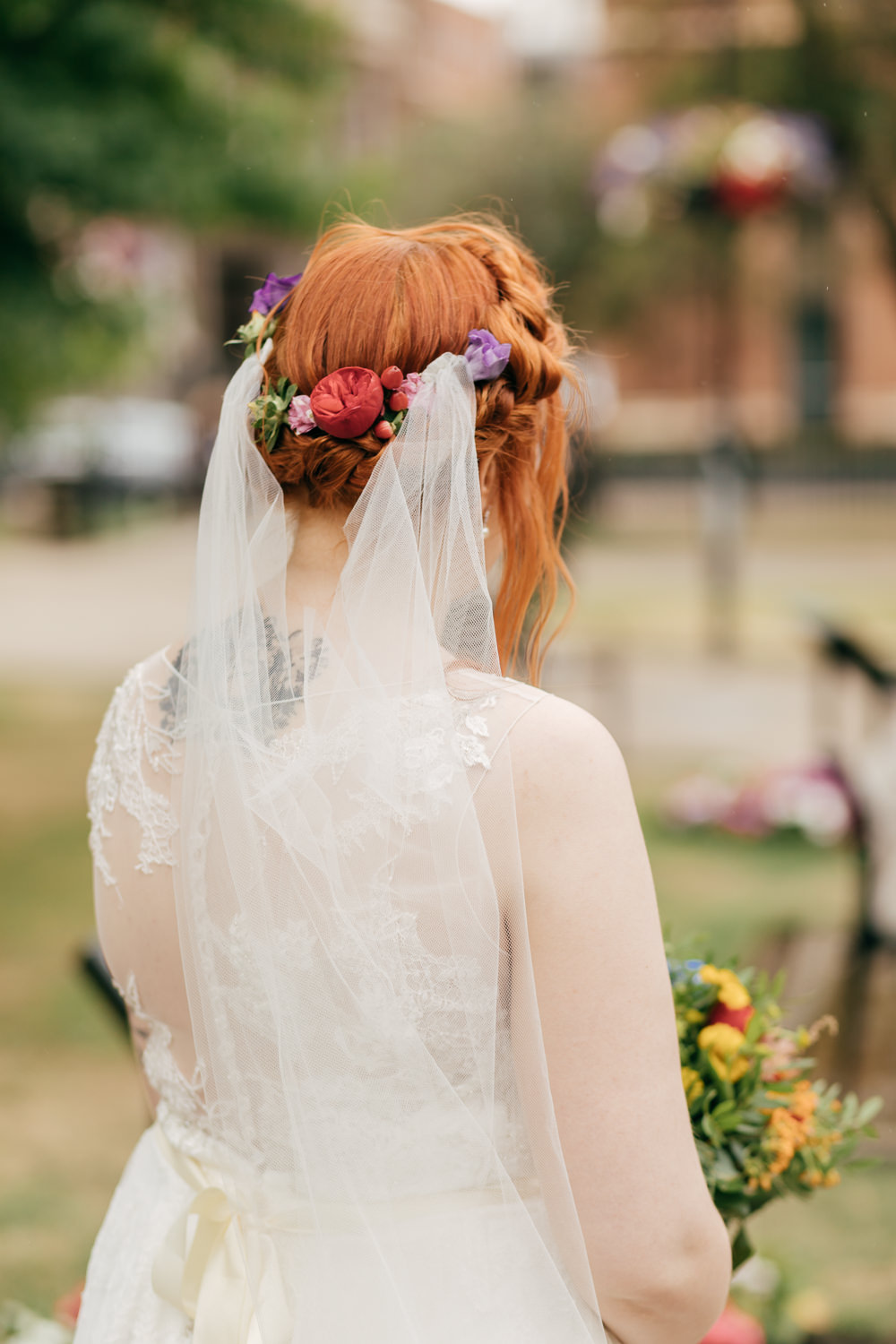 Bride Bridal Halo Braid Plait Flowers Hair Veil Left Bank Leeds Wedding Amber Marie Photography
