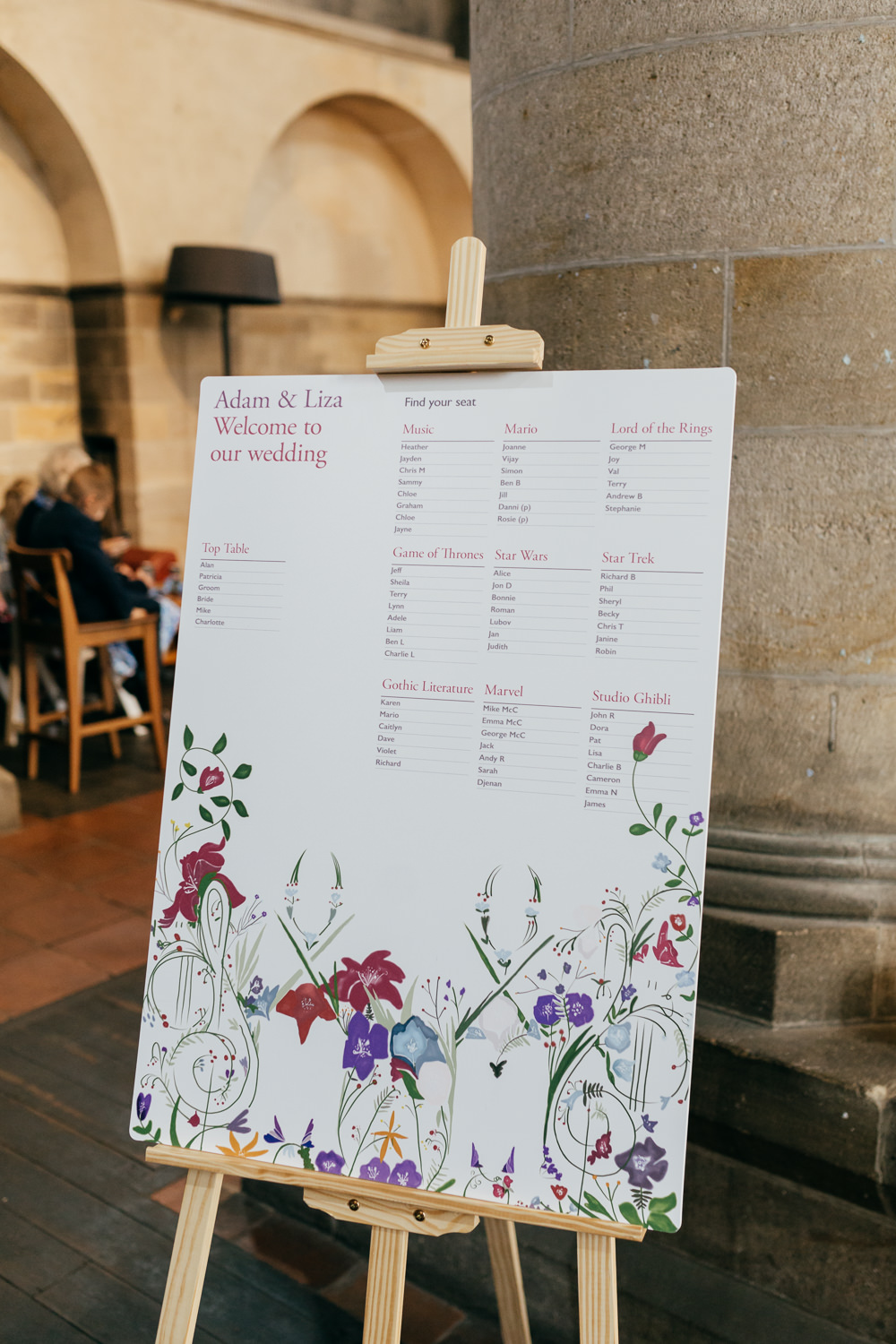 Table Plan Floral Illustrated Easel Left Bank Leeds Wedding Amber Marie Photography