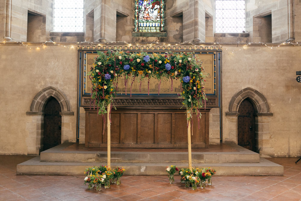 Floral Ceremony Arch Hanging Multicoloured Flowers Left Bank Leeds Wedding Amber Marie Photography
