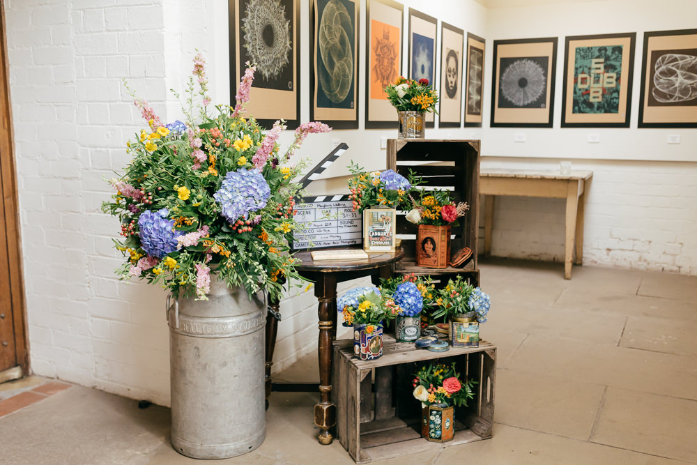 Milk Churn Flowers Floral Vintage Wooden Crates Hydrangea Left Bank Leeds Wedding Amber Marie Photography