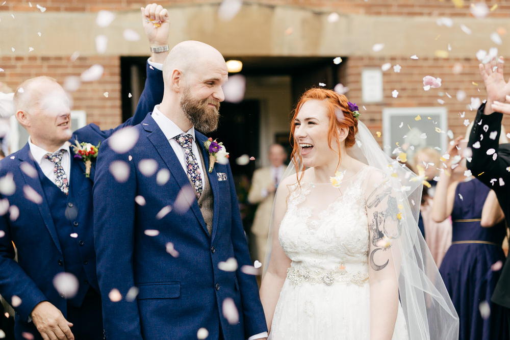 Bride Bridal Sweetheart Overlay Dress Navy Suit Groom Tweed Waistcoat Veil Confetti Left Bank Leeds Wedding Amber Marie Photography
