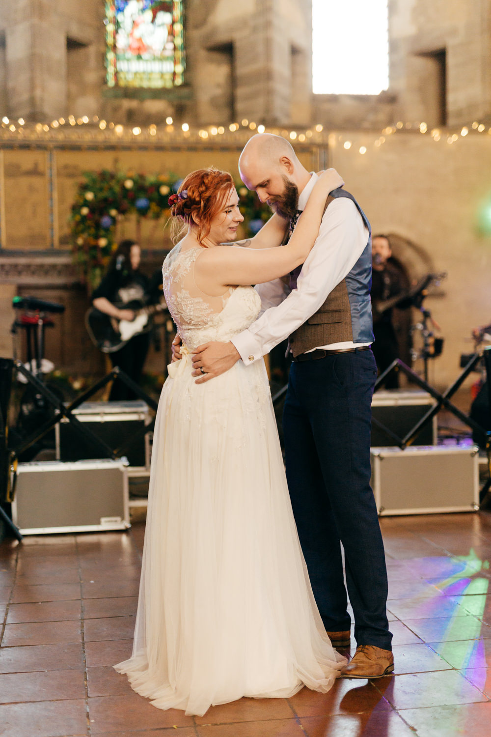 Bride Bridal Sweetheart Overlay Dress Navy Suit Groom Tweed Waistcoat Left Bank Leeds Wedding Amber Marie Photography