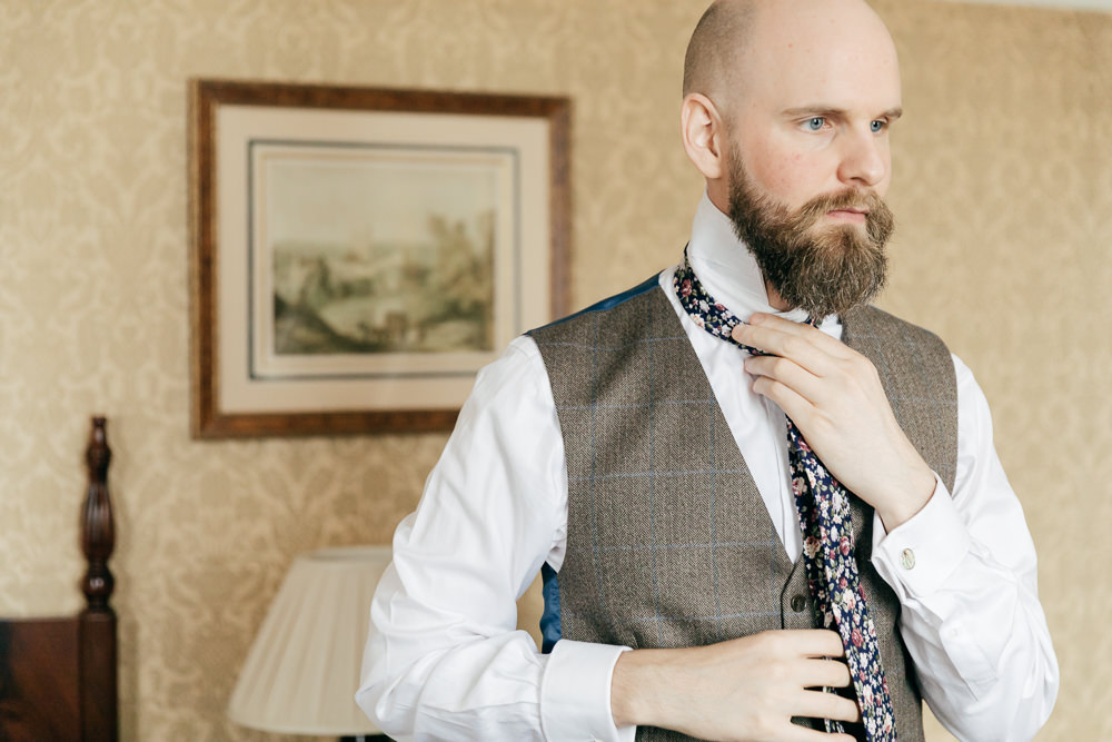 Groom Tweed Waistcoat Floral Tie Left Bank Leeds Wedding Amber Marie Photography