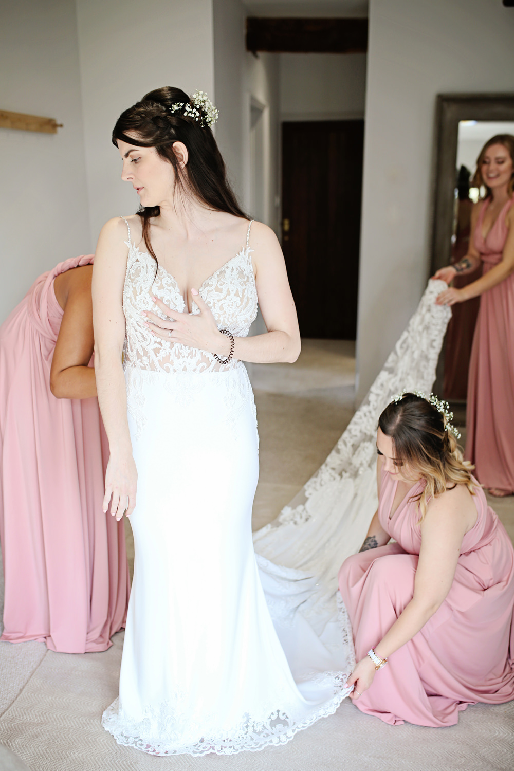 Bride Bridal Dress Gown Fit Flare Fishtail Train Straps Lace Enzoani Milling Barn Wedding Victoria Mitchell Photography