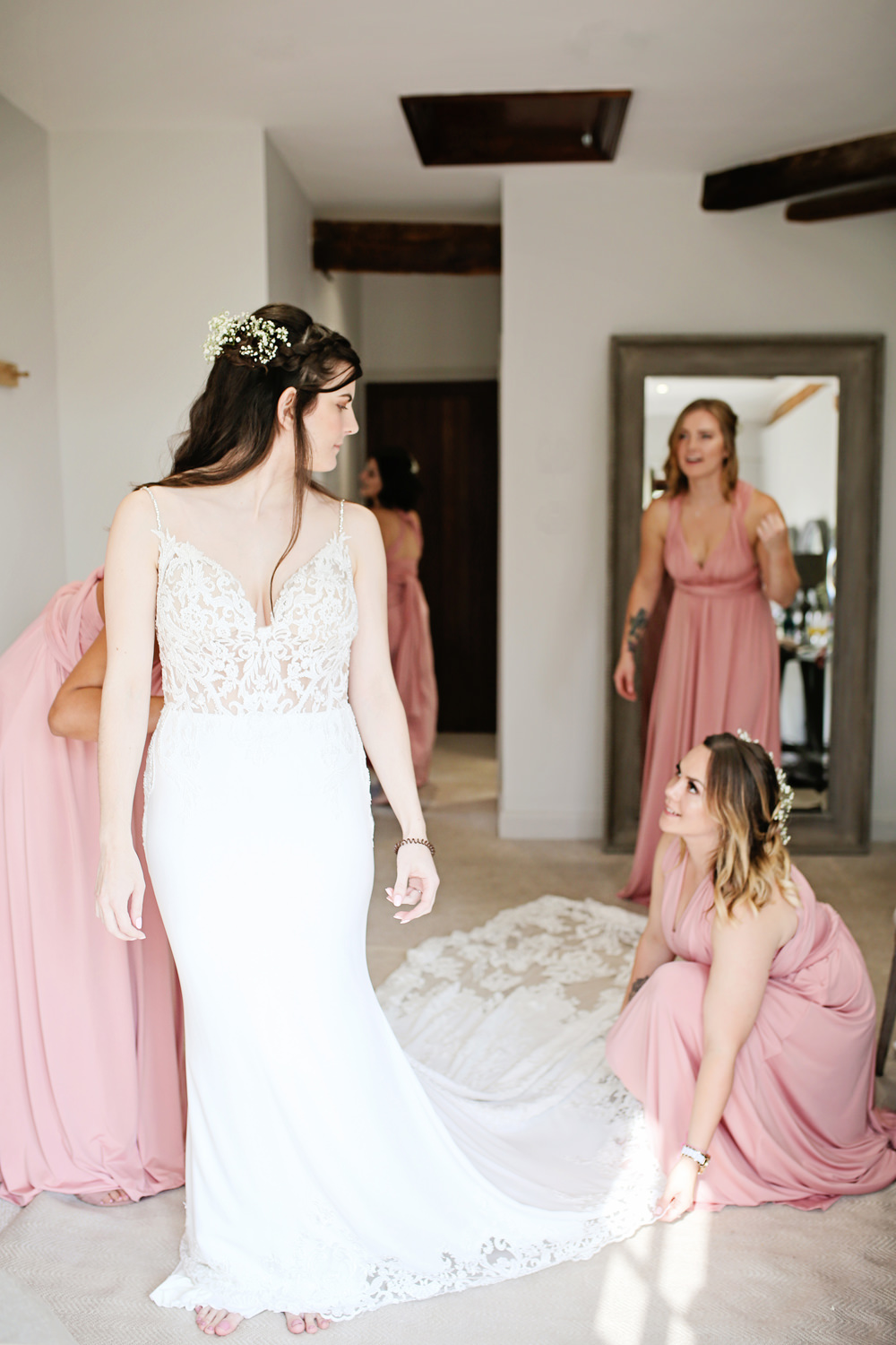 Bride Bridal Dress Gown Fit Flare Fishtail Train Straps Lace Enzoani Milling Barn Wedding Victoria Mitchell Photography