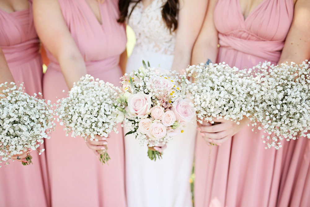 Bouquet Flowers Bride Bridal Pink Rose Gypsophila Daisy Bridesmaids Milling Barn Wedding Victoria Mitchell Photography
