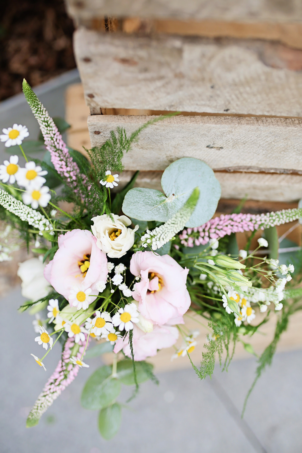 Box Crate Wooden Decor Flowers Pink Lisianthus Daisy Milling Barn Wedding Victoria Mitchell Photography