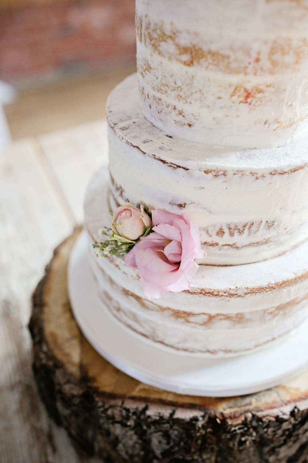 Semi Naked Cake Buttercream Flowers Log Stand Pink Milling Barn Wedding Victoria Mitchell Photography