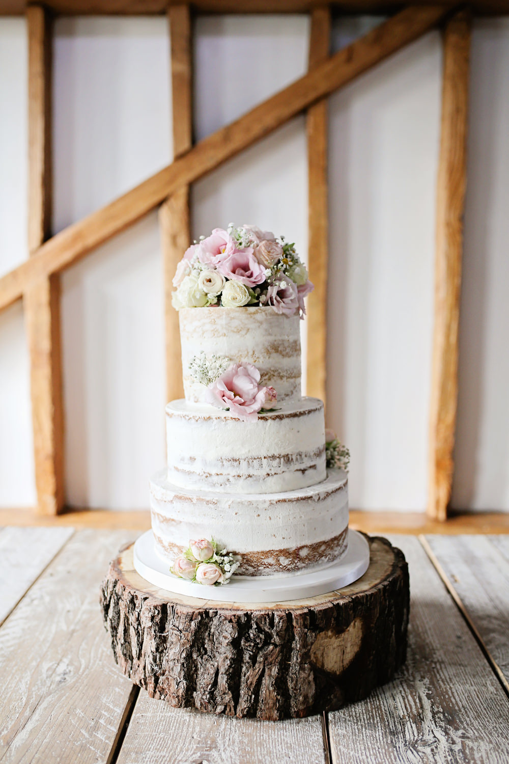 Semi Naked Cake Buttercream Flowers Log Stand Pink Milling Barn Wedding Victoria Mitchell Photography