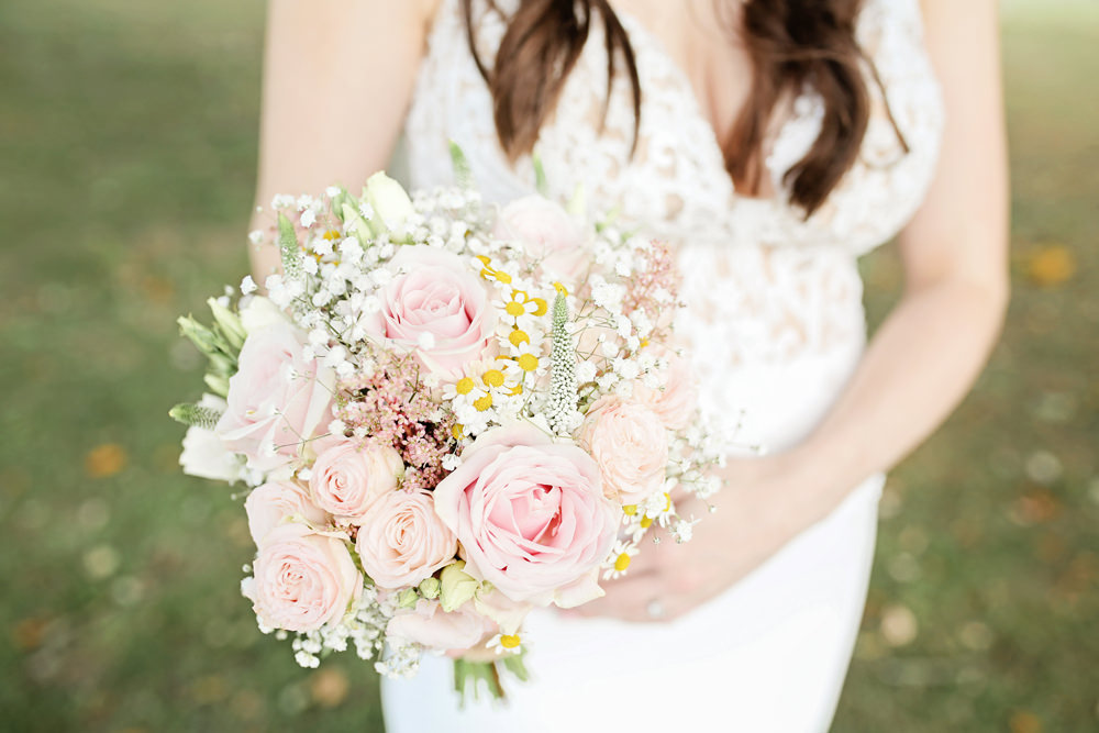 Bouquet Flowers Bride Bridal Pink Rose Gypsophila Daisy Milling Barn Wedding Victoria Mitchell Photography